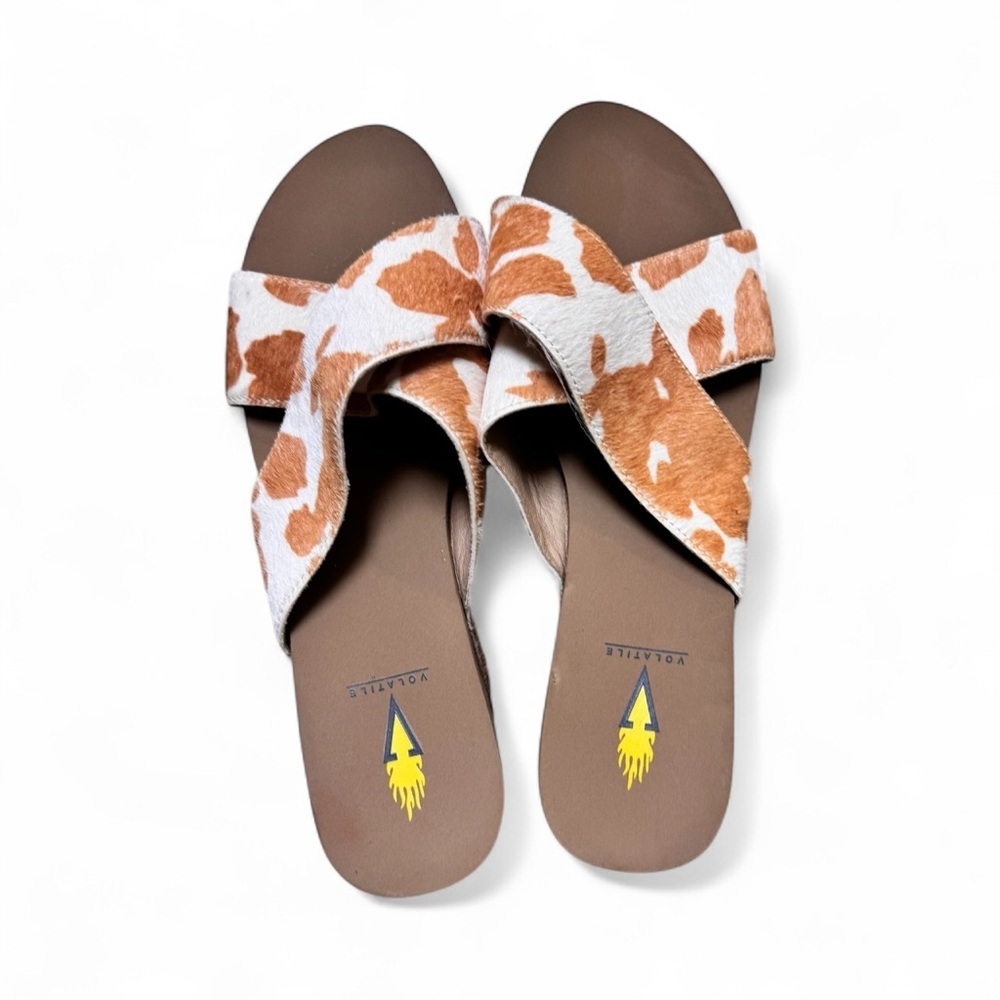 Volatile Cow Print Real Fur Cross Strap Wedge Sandals Size 9 – 3” Heel - Picture 3 of 5